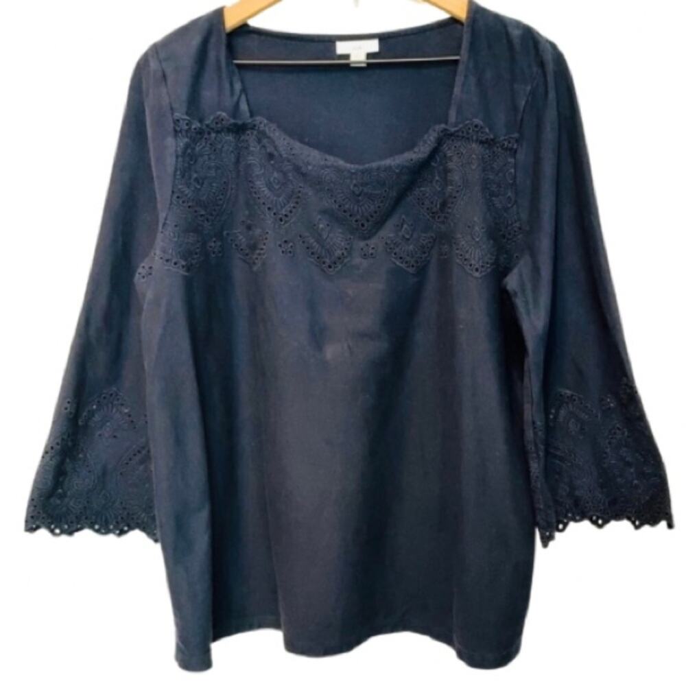 J. JILL Navy Blue Cotton Eyelet Lace Scalloped 3/4 Sleeves Shirt Blouse Top